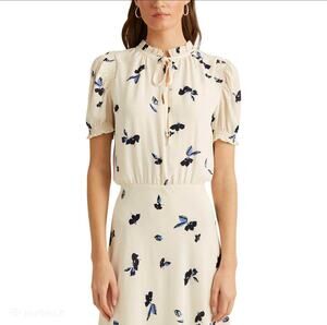 Lauren Ralph Lauren black label Floral Tie-Neck Georgette Dress Ivory & blue 16